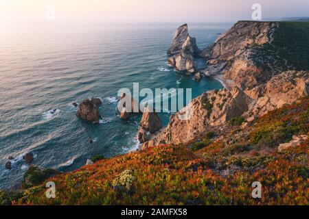 Praia da Ursa. Sintra-Region. Portugal. Ursa Beach malerische Seescape mit Seestapeln und Klippen am Abend Sonnenuntergang Licht an der Küste des Atlantiks Stockfoto