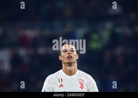 Cristiano Ronaldo von Juventus reagiert während des italienischen Champions-League-Fußballspiels zwischen AS Roma und Juventus am 12. Januar 2020 im Stadio Olimpico in Rom, Italien - Foto Federico Proietti/ESPA-Imaes Stockfoto