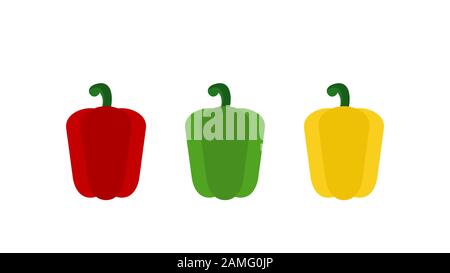 Drei Paprika. Rote, grüne, gelbe Paprika auf weißem Hintergrund. Süße Paprika im flachen Stil. Buntes Gemüse. Organische Lebensmittel. Vektor Stock Vektor