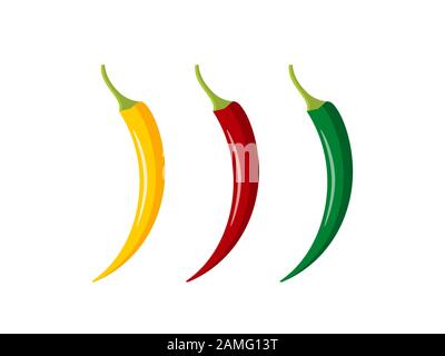 Bunte heiße Chilischoten isoliert auf weißem Hintergrund. Gelbe, rote und grüne Paprikaschote. Drei verschiedene Chilis. Chili würzig Paprika. Stock Vektor