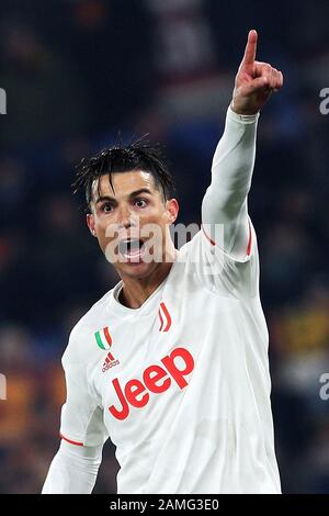 Cristiano Ronaldo von Juventus reagiert während des italienischen Champions-League-Fußballspiels zwischen AS Roma und Juventus am 12. Januar 2020 im Stadio Olimpico in Rom, Italien - Foto Federico Proietti/ESPA-Imaes Stockfoto