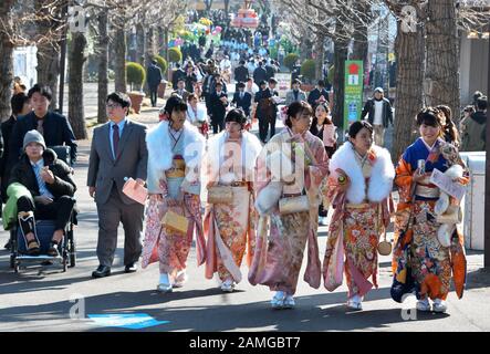 Tokio, Japan. Januar 2020. Die 20-jährige Teilnehmerin versammelt sich am Montag, 13. Januar 2020, zur Zeremonie Im Kommenden Alter in einem Vergnügungspark "Toshimaen" in Tokio, Japan. Die 20-jährigen Menschen sind 1,22 Millionen in Japan, etwa 30.000 weniger als im letzten Jahr. Foto von Keizo Mori/UPI Credit: UPI/Alamy Live News Stockfoto