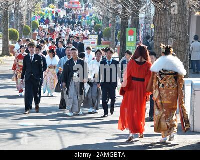 Tokio, Japan. Januar 2020. Die 20-jährige Teilnehmerin versammelt sich am Montag, 13. Januar 2020, zur Zeremonie Im Kommenden Alter in einem Vergnügungspark "Toshimaen" in Tokio, Japan. Die 20-jährigen Menschen sind 1,22 Millionen in Japan, etwa 30.000 weniger als im letzten Jahr. Foto von Keizo Mori/UPI Credit: UPI/Alamy Live News Stockfoto