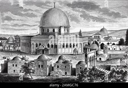 Al-Aqsa-Moschee und Felsendom, Jerusalem, Isarael/die Moschee El Aksa, al-Aqsa-Moschee, und Es Sakrah, Felsendom, Jerusalem, Israel, historisch, digital verbesserte Wiedergabe eines Originals aus dem 19. Jahrhundert / Digitale Produktion einer Originalvorlage aus dem 19. Jahrhundert. Jahrhunderts Stockfoto