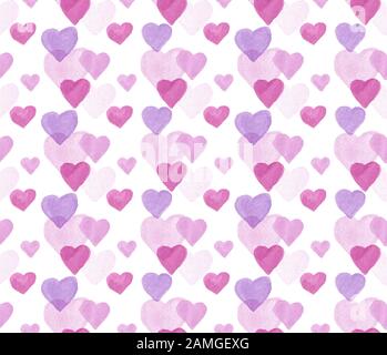 Vector Valentine Day Seamless Muster. Wasserfarbenes, Handgezeichnetes Endlosornament für Romantische Tapete oder Wrapping-Papier und Textildesign. Rosa Lila Stock Vektor