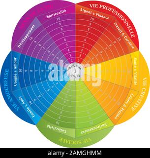 Rad des Lebens - Diagramm - Coaching Tool in Rainbow Colors - Französisch Sprache Stock Vektor