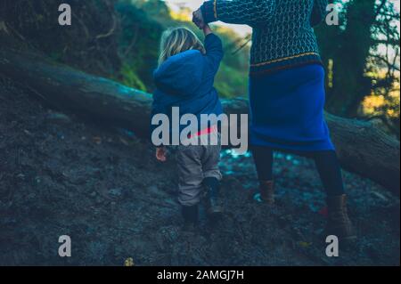 Eine junge Mutter und ihr Kleinkind klettern an einem Wintertag über einen umgestürzten Baum im Wald Stockfoto