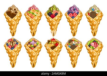 Vektor-Set mit Waffeln in Hongkong, 10-teiliger Illustration mit leckeren Waffeln auf weißem Hintergrund, eine Sammlung asiatischer Eiscremes in Waffelkegeln Stock Vektor