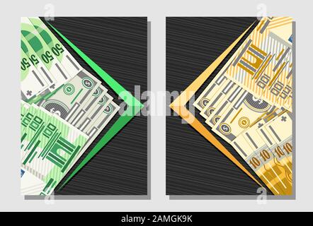 Vektor-Deckensatz für Geldwechsel mit Kopierraum, dekorative Banner mit Cartoon-Papier-Banknoten des Dollars usa, 100 euro auf Grau a Stock Vektor