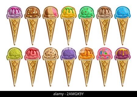 Vector Set aus Eiscremenzapfen, 14 geschnittene Illustrationen süße Snacks in verschiedenen Farben auf Weiß, Sammlung gefrorener Eiscremes in waf Stock Vektor