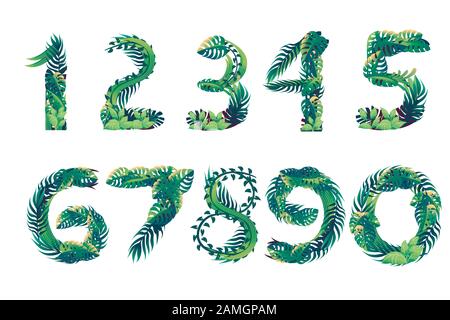 Satz von Blattzahlen mit verschiedenen Arten von grünen Blättern und Cartoon-Stil Design flache Vektorgrafiken isoliert auf weißem Hintergrund. Stock Vektor