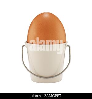 Ein Ei in einem Eimer geformten Eggcup auf weißem mit Schneideweg Stockfoto