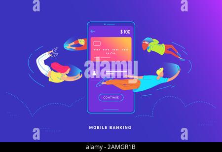 Junge Leute fliegen um ein großes Smartphone und nutzen ihre Telefone für das Bankgeschäft und das Online-Senden von Geld von der Kreditkarte über die E-Wallet-App. Gradien Stock Vektor