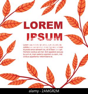 Flyer-Design mit orangefarbenen Herbstblättern an Zweigen flache Vektorgrafiken auf weißem Hintergrund. Stock Vektor