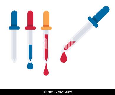 Pipetten mit Tropfenfüllung und leerer medizinischer Pipetten-Flachvektor-Abbildung isoliert auf weißem Hintergrund. Stock Vektor