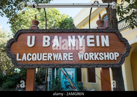 U BA nyein Lackierwerkstatt in Bagan, Mandalay Division, Myanmar, Asien Stockfoto