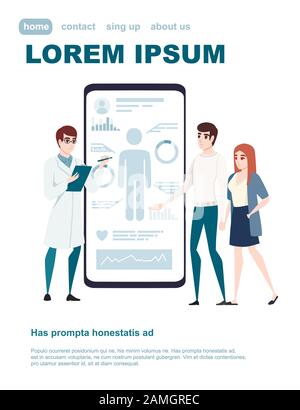 Mobile medizinische Anwendung mit Gesundheitsüberwachung und Infografiken schwarzes Smartphone und graue Symbole auf dem Display Flat-Vector-Illustration Website-Design Stock Vektor