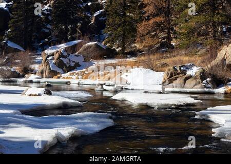 Tiefgefrorene Einsamkeit am Quellwasser des South Platte River im Eleven Mile Canyon Colorado Stockfoto