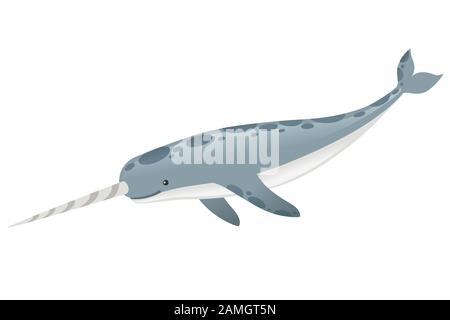 Grauer Narwal(Monodon monoceros) Zahnwal mit Tusk-Cartoon-Seezeichen Design flache Vektorgrafiken isoliert auf weißem Hintergrund. Stock Vektor