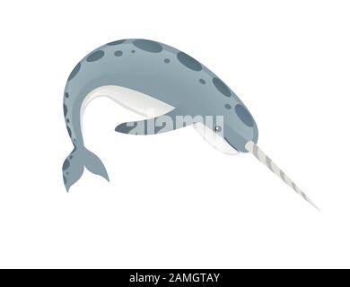 Grauer Narwal(Monodon monoceros) Zahnwal mit Tusk-Cartoon-Seezeichen Design flache Vektorgrafiken isoliert auf weißem Hintergrund. Stock Vektor