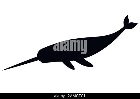 Schwarzer Silhouettennarwal (Monodon monoceros) Zahnwal mit Tusk-Cartoon-Seezeichen Design flache Vektorgrafiken isoliert auf weißem Hintergrund Stock Vektor