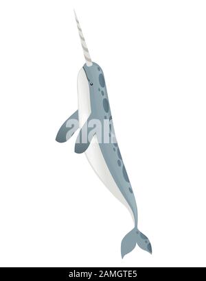 Grauer Narwal(Monodon monoceros) Zahnwal mit Tusk-Cartoon-Seezeichen Design flache Vektorgrafiken isoliert auf weißem Hintergrund. Stock Vektor