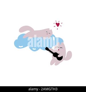 Zwei Katzen verliebt. Kitty spielt Gitarre für seine Freundin. Grußkarte zum Valentinstag. Vektordarstellung EPS 10. Stock Vektor