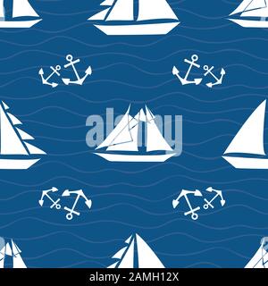 Vector handgezeichnete weiße Segelboote und Ankersätze. Nahtloses geometrisches Muster auf marineblauem Hintergrund. Ideal für nautische Produkte Stock Vektor