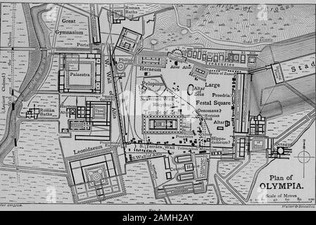 Karte und Plan der griechischen Stadt Olympia, Heimat der Olympischen Spiele der Antike, Griechenland, mit Sporthalle und Zeustempel, 1910. Kostenloses Internetarchiv. () Stockfoto