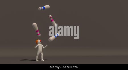 3D-Illustrator von Karrieresymbolen auf grauem Hintergrund, 3D-Rendering des Clowns. Stockfoto