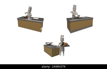 3D-Illustrator, 3D-Rendering, Das Symbol des Küchenchefs auf weißem Hintergrund zeigt ein 3D-Bild von Kochen, Bäckerei Stockfoto