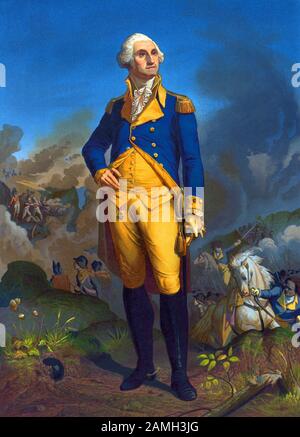 Jahrgangsporträt von General George Washington (1732 - 1799) - Kommandeur der kontinentalen Armee im amerikanischen Revolutionären Krieg/Unabhängigkeitskrieg (1775 - 1783) und erster US-Präsident (1789 - 1797). Drucken Sie ca. 1851 von P S Duval aus Philadelphia aus einer Zeichnung auf Stein von C Schuessele. Stockfoto