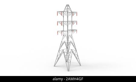 3D-Rendering eines Stromturms, isoliert auf weißem Hintergrund Stockfoto