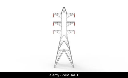 3D-Rendering eines Stromturms, isoliert auf weißem Hintergrund Stockfoto