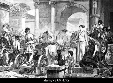 Eintritt des Wagenrenners Chariot Racing im alten Rom, Italien / Einzug des Siegers vom Wagenrennen im historischen Rom, Italien, historisch, digital verbesserte Wiedergabe eines Originals aus dem 19. Jahrhundert / Digitale Produktion einer Originalanlage aus dem 19. Jahrhundert. Jahrhuntert,