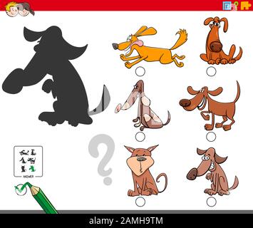 Cartoon-Illustration der Suche Nach dem Richtigen Shadow-Bildspiel für Kinder mit Hunde-Zeichen Stock Vektor