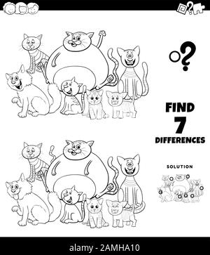 Schwarz-Weiß Cartoon Illustration des Auffindens Von Unterschieden Zwischen Bildern Bildspiel für Kinder mit Lustigen Cats Figuren Gruppe Färbung B Stock Vektor