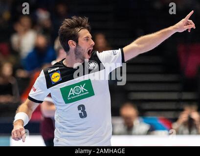 Trondheim, Norwegen. Januar 2020. Handball: Europameisterschaft, Lettland - Deutschland, Vorrunde, Gruppe C, 3. Spieltag. Deutschlands Uwe Gensheimer freut sich. Kredit: Robert Michael / dpa-Zentralbild / dpa / Alamy Live News Stockfoto