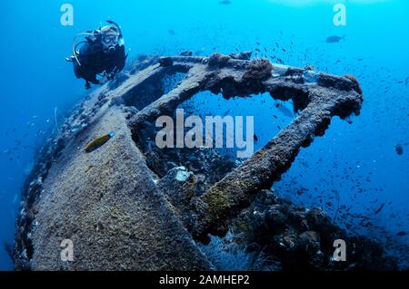 Taucher, der das historische Schiffswrack der SS Yongala, Townsville, Great Barrier Reef, Queensland, Australien, Korallenmeer, Südpazifischer Ozean (MR) erkundet Stockfoto