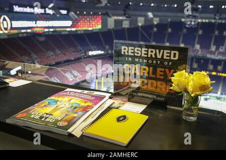 New Orleans, LA, USA. Januar 2020. Ein Platz im Pressekasten ist Carley McCord vorbehalten, einem lokalen Reporter, der im Dezember bei einem Flugzeugabsturz während der College Football National Championship zwischen den Clemson Tigers und den LSU Tigers im Mercedes Benz Superdome in New Orleans, LA, ums Leben kam. Jonathan Mailhes/CSM/Alamy Live News Stockfoto