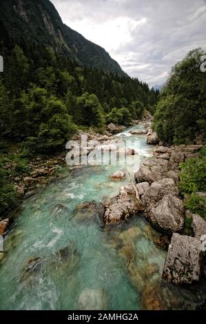 Smaragdgrüner Fluss Soca in Slowenien, alpiner Gebirgsfluss Stockfoto