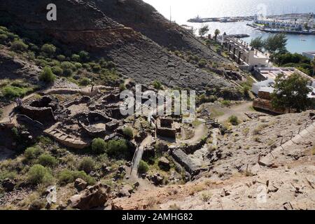 Archäologische Zone Canada de los Gatos mit Resten prahispanischer Häuser, Puerto de Mogan, Gran Canaria, Kanaren, Spanien, Stockfoto