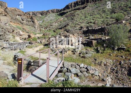 Archäologische Zone Canada de los Gatos mit Resten prahispanischer Häuser, Puerto de Mogan, Gran Canaria, Kanaren, Spanien, Stockfoto