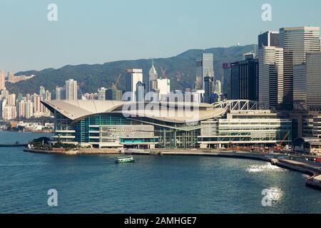 Das Tagungs- und Ausstellungszentrum Hongkong, Moderne Architektur im Hafen von Hongkong, Wan Chai, Hong Kong Island Hong Kong Asia District, Stockfoto