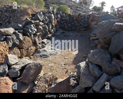 Archäologische Zone Canada de los Gatos mit Resten prahispanischer Häuser, Puerto de Mogan, Gran Canaria, Kanaren, Spanien, Stockfoto