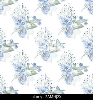 Rose Boutonnieres handgezeichnetes, nahtloses Muster mit Wasserfarben. Blühen Sie mit Flachs- und Hydrangea-Kulisse. Blaue Blumen aquarelle Zeichentextur Stockfoto