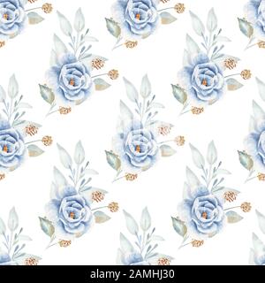 Blaue Rosenblüten handgezogene Aquarelle nahtloses Muster. Blühen Sie die Struktur von Kompositionen auf. Boutonnieres, dekorativer Flachs und Hydrangea-Aquarellzeichnung Stockfoto
