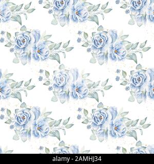 Blaue Rosen und Kleeblattblüten Aquarell Hand gezeichnet nahtlose Musterabbildung. Botanische Textur mit Zweigen und Blättern auf weißem Hintergrund. Rustikal Stockfoto