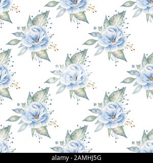 Blaue Rosen handgezeichnetes Aquarell nahtloses Muster. Klassische floristische Zusammensetzung. Dekorative Pastell zarte Blumen Aquarell Zeichnung Rückseite Stockfoto
