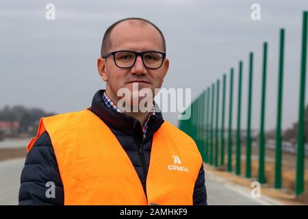 Polen, SILESIA-ruck mit hds auf einer Baustelle eines neuen Abschnitts der Amber Autobahn (Autostrada Bursztynowa) A1 um Tschenstochowa. Stockfoto